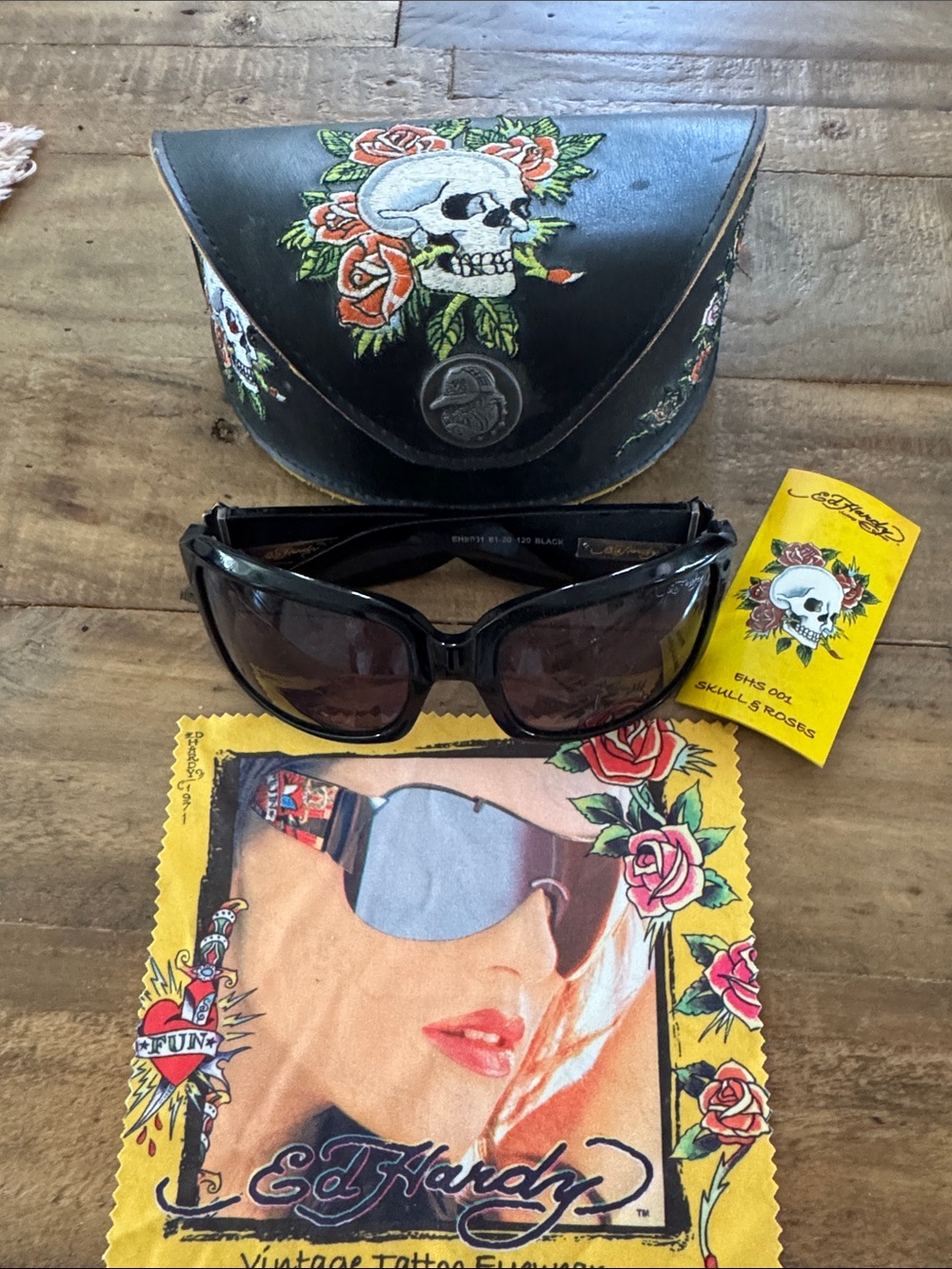 Ed Hardy Black Sunglasses with Crystal Embellishments and Skull & Rose Case